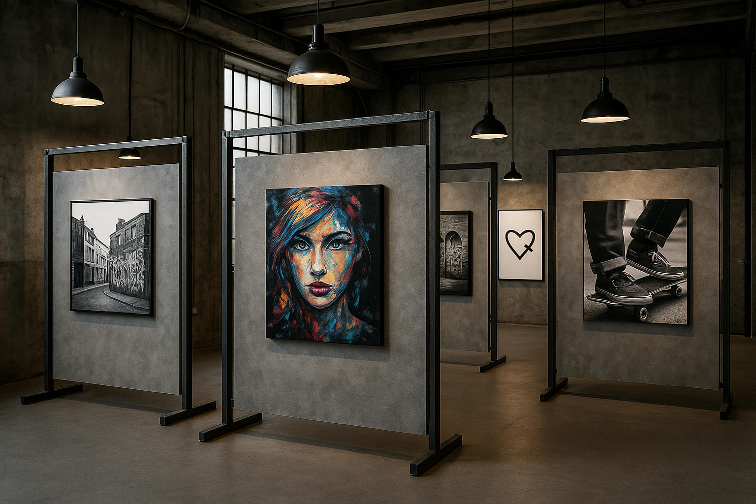 Industrial chic style art exhibition.