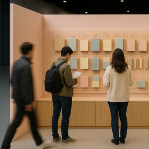 baby pink peach retail display walls on an exhibition stand at the NEC Birmingham