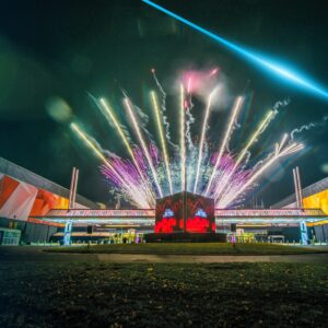 Exhibition venue The NEC in Birmingham at night time.