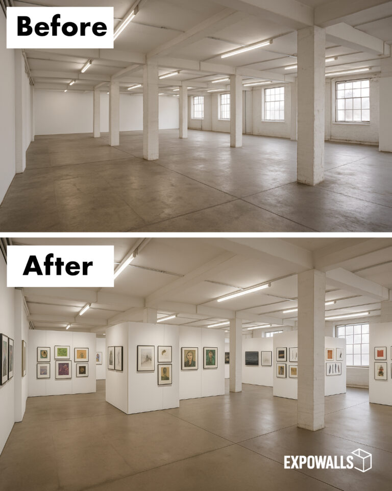 Temporary walls for an art exhibitions. Transformation shots.