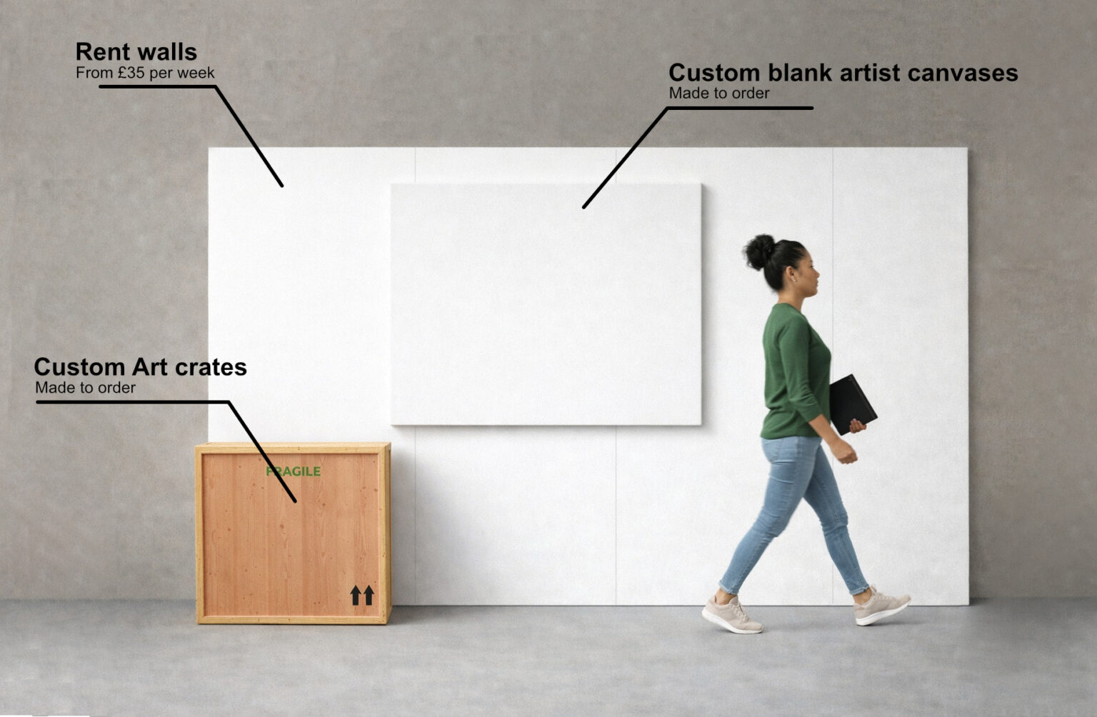 Artist services: Art shipping crates, large blank canvases.